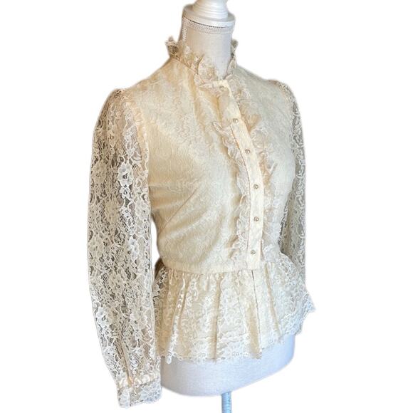 Vintage Herman Marcus Cream Lace Victorian Peplum Blouse Long Sleeves - Picture 1 of 11